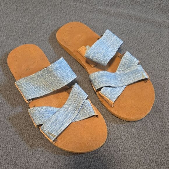 The Academy Brand Blue and Tan Sandals Modern Minimalist Design - Picture 1 of 6